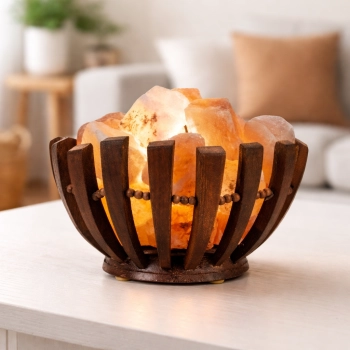 Nocna Lampka Solna 3kg z Solą Himalajską Drewniana Misa Prezent Dekoracja KOSZ